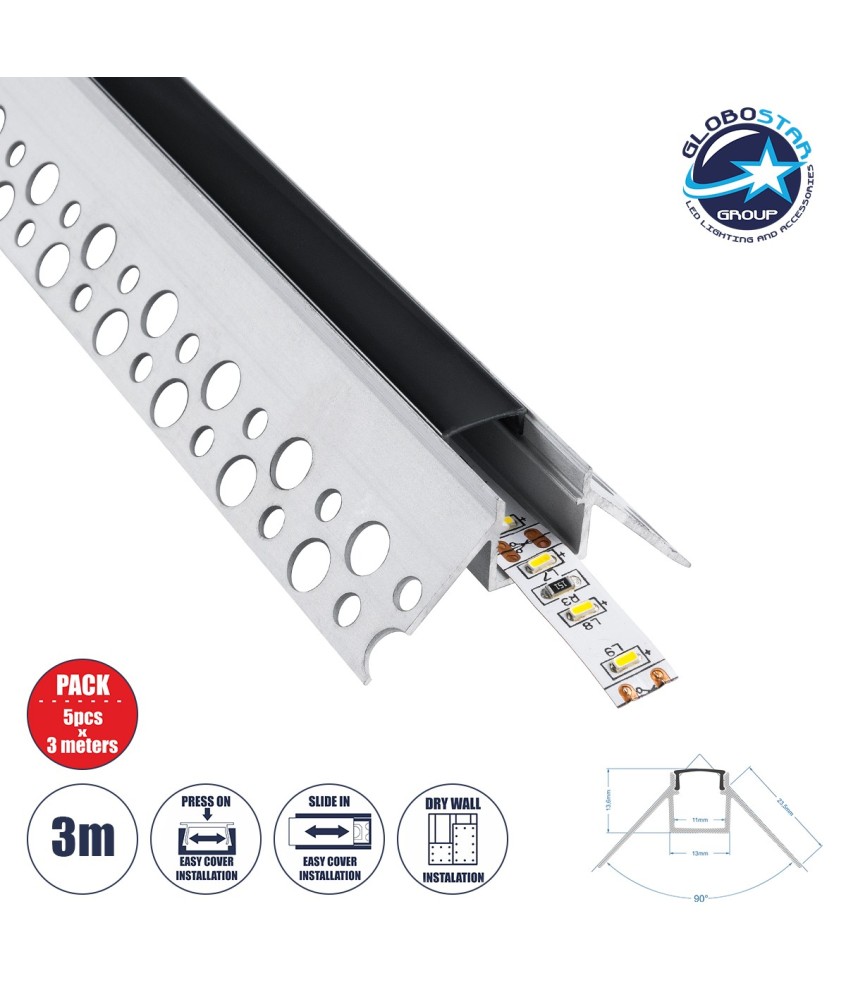 GloboStar® PLASTERBOARD-PROFILE 70822-3M Προφίλ Αλουμινίου - Βάση & Ψύκτρα Ταινίας LED με Μαύρο Φιμέ Κάλυμμα - Χωνευτή Γωνιακή Χρήση σε Εξωτερική Γωνία Γυψοσανίδας - Trimless - Πατητό Κάλυμμα - Ασημί - 3 Μέτρα - Πακέτο 5 Τεμαχίων - Μ300 x Π4.5 x Υ2cm